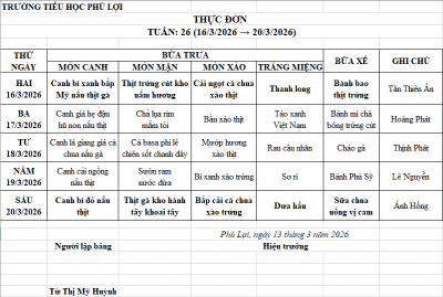 Thực đơn tuần: 26 (16/03/2026 → 20/03/2026)