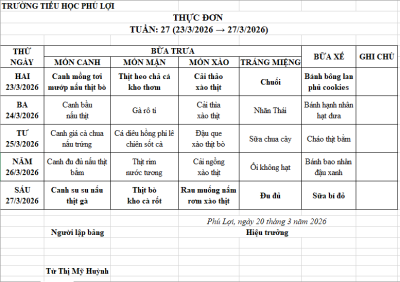 Thực đơn tuần: 27 (23/03/2026 → 27/03/2026)