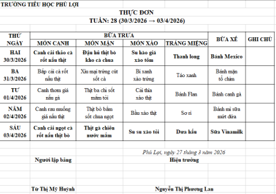 Thực đơn tuần: 28 (30/03/2026 → 03/03/2026)