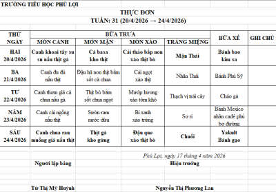 Thực đơn tuần: 31 (20/4/2026 → 24/4/2026)