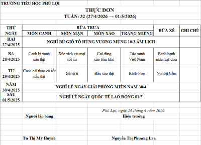 Thực đơn tuần: 32 (27/4/2026 → 01/5/2026)