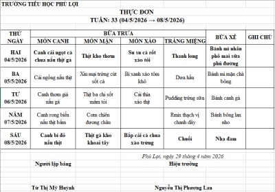Thực đơn tuần: 33 (04/5/2026 → 08/5/2026)