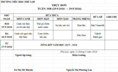 Thực đơn tuần 35B (25/05/2026 - 29/05/2026)