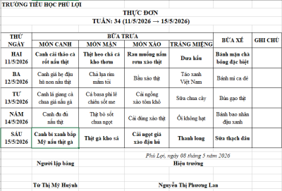 Thực đơn tuần: 34 (11/5/2026 → 15/5/2026)