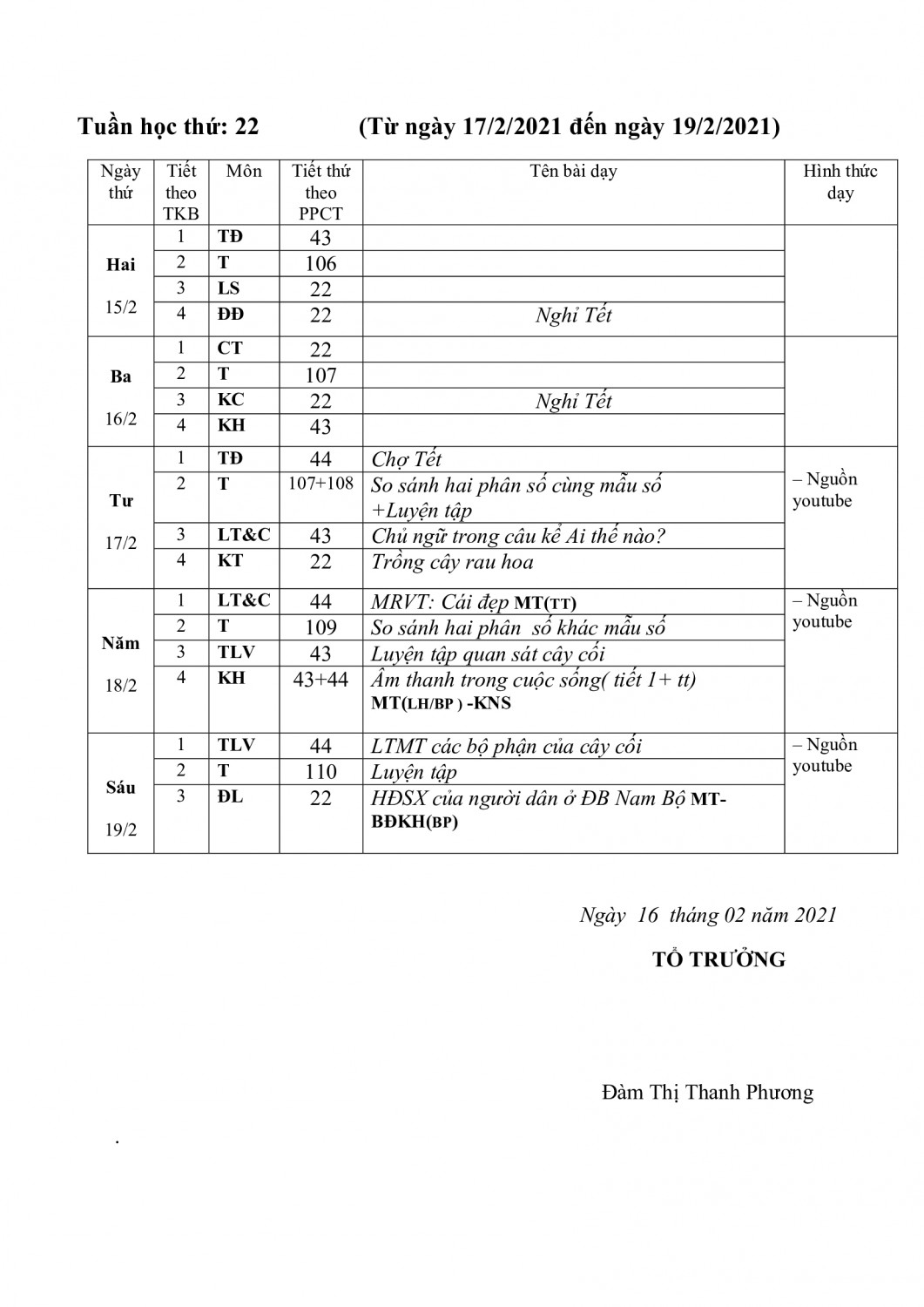 LỊCH BÁO GIẢNG tuan 22 k4