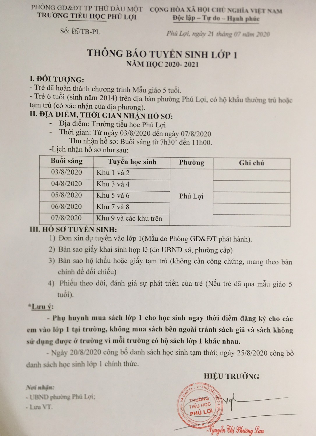 Thông báo kế hoạch tuyển sinh lớp 1 năm học 2020-2021
