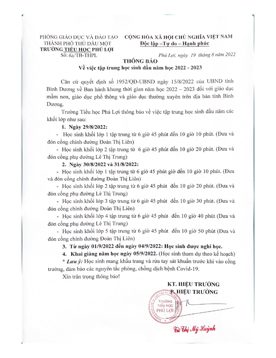 Trường Tiểu học Phú Lợi thông báo về việc tập trung học sinh đầu năm học 2022-2023.