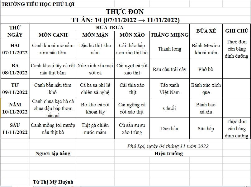 Thực đơn tuần: 10 (7/11 →11/11/2022)