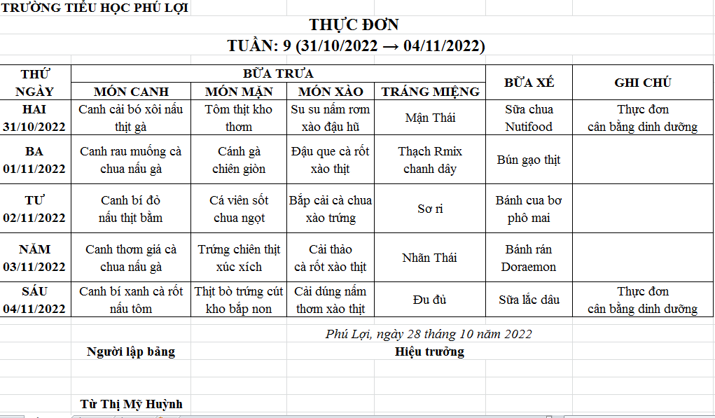 Thực đơn tuần: 9 (31/10 →04/11/2022)