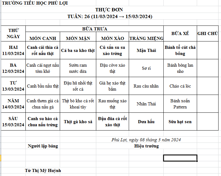 Thực đơn tuần: 26 (11/03/2024-15/03/2024)