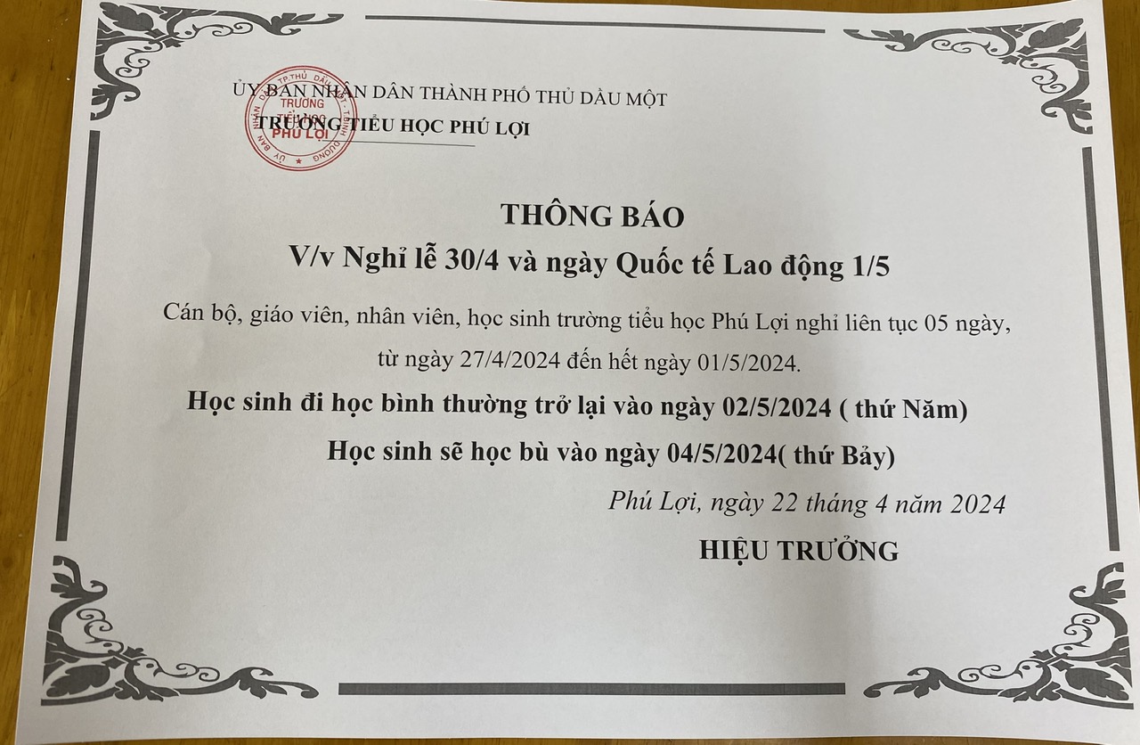Thông báo nghỉ lễ 30/4 và ngày Quốc tế lao động 01/5
