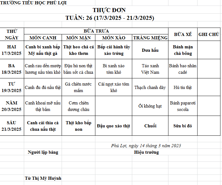 Thực đơn tuần: 26 (17/3/2024-21/3/2025)
