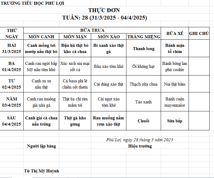 Thực đơn tuần: 28 (31/3/2024-4/4/2025)
