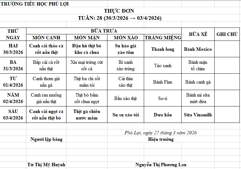 Thực đơn tuần: 28 (30/03/2026 → 03/03/2026)