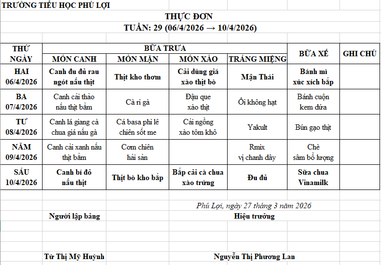 Thực đơn tuần: 29 (06/4/2026 → 10/4/2026)